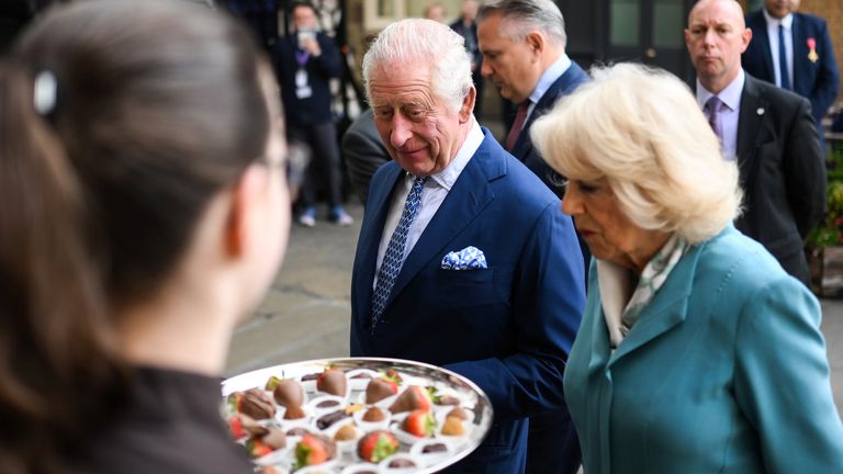 King Charles III and Queen Camilla in the Covent Garden Apple Market meeting members of the local community and traders as they visit Covent Garden, London. Picture date: Wednesday May 17, 2023. PA Photo. See PA story ROYAL King. Photo credit should read: Daniel Leal/PA Wire