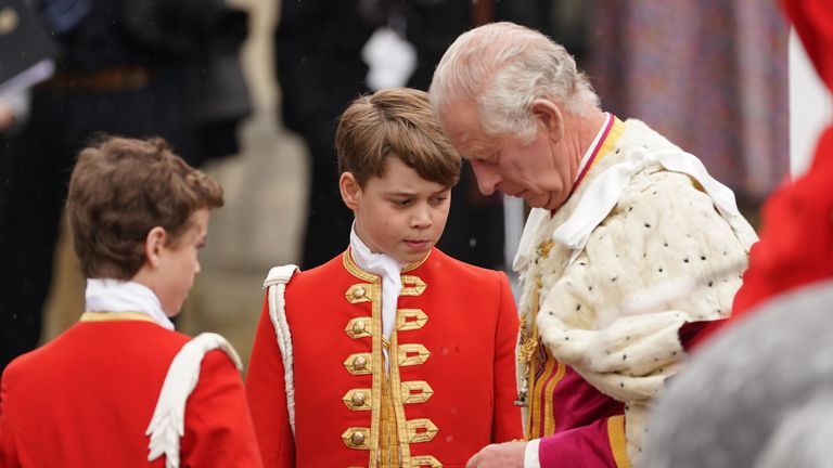Prince George (centre) and King Charles III outside Westminster Abbey, London, ahead of the coronation of King Charles III and Queen Camilla on Saturday. Picture date: Saturday May 6, 2023.