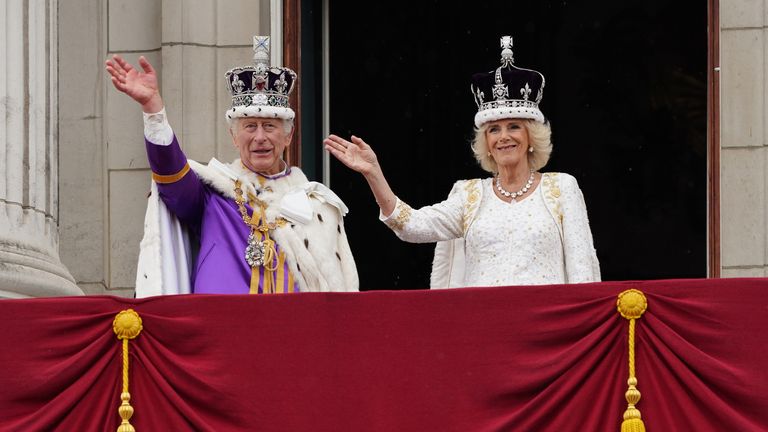 King Charles III and Queen Camilla on the balcony of Buckingham Palace, London, following the coronation. Picture date: Saturday May 6, 2023.