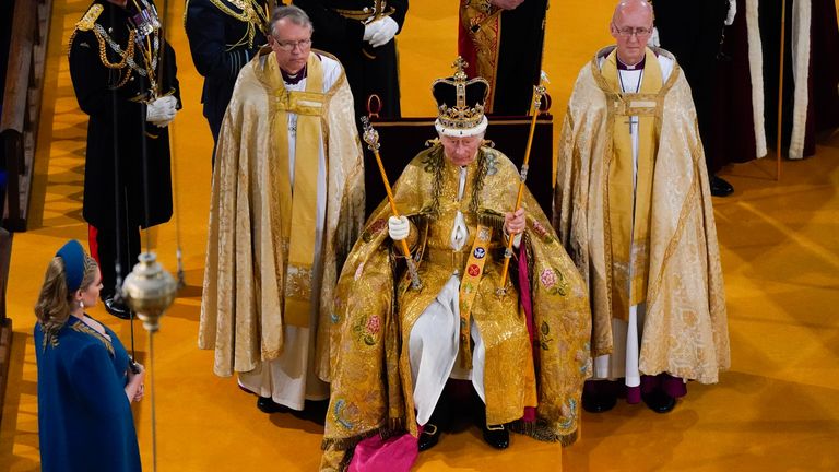 King Charles III receives The St Edward&#39;s Crown during his coronation ceremony in Westminster Abbey, London. Picture date: Saturday May 6, 2023.