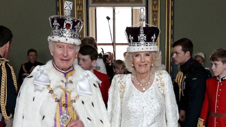 King Charles III and Queen Camilla pose and smile after their Coronation
Pic:Buckingham Palace/Reuters