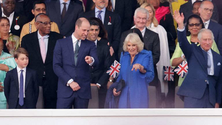King Charles III, Queen Camilla, Catherine, Princess of Wales, Princess Charlotte of Wales, Prince George of Wales, Prince William, Prince of Wales, Rishi Sunak and Patricia Scotland, Baroness Scotland, are seen during the Coronation Concert on May 07, 2023 in Windsor, Britain. Chris Jackson/Pool via REUTERS
