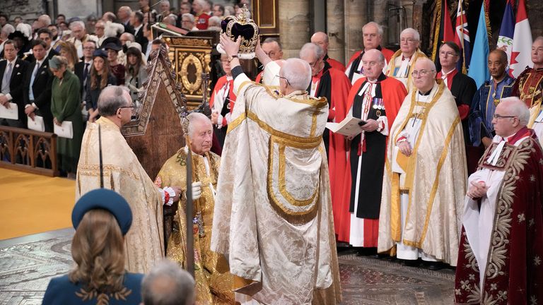 King Charles III receives The St Edward&#39;s Crown during his coronation ceremony in Westminster Abbey, London. Picture date: Saturday May 6, 2023. PA Photo. See PA story ROYAL Coronation. Photo credit should read: Jonathan Brady/PA Wire