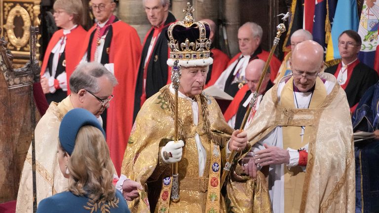 King Charles III is crowned with St Edward&#39;s Crown by The Archbishop of Canterbury the Most Reverend Justin Welby during his coronation ceremony in Westminster Abbey, London. Picture date: Saturday May 6, 2023. PA Photo. See PA story ROYAL Coronation. Photo credit should read: Jonathan Brady/PA Wire