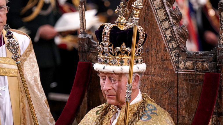 King Charles III is crowned with St Edward&#39;s Crown during his coronation ceremony in Westminster Abbey, London. Picture date: Saturday May 6, 2023. PA Photo. See PA story ROYAL Coronation. Photo credit should read: Victoria Jones/PA Wire