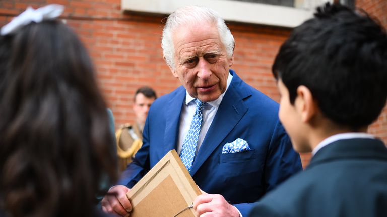 King Charles III meeting children outside St Paul&#39;s Church, known as the Actors&#39; Church, to mark its 390th anniversary as the King and Queen Camilla visit Covent Garden, London. Picture date: Wednesday May 17, 2023.