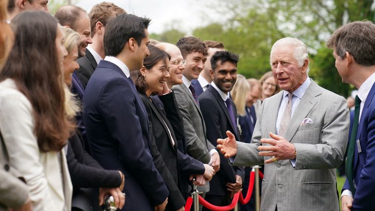 King Charles III during a visit to the Whittle Laboratory in Cambridge to break ground on the new laboratory, meet with academics, aviation leaders and tour the facility. Picture date: Tuesday May 9, 2023. Joe Giddens/Pool via REUTERS
