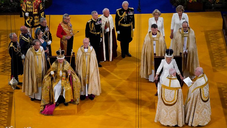 King Charles III wearing the St Edward&#39;s Crown and Queen Camilla wearing the Queen Mary&#39;s Crown during their coronation ceremony in Westminster Abbey, London. Picture date: Saturday May 6, 2023. PA Photo. See PA story ROYAL Coronation. Photo credit should read: Andrew Matthews/PA Wire