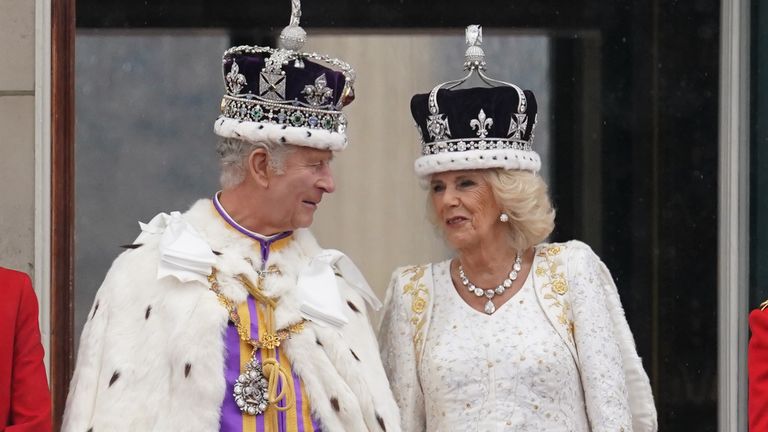 King Charles III and Queen Camilla on the balcony of Buckingham Palace, London, following the coronation. Picture date: Saturday May 6, 2023.