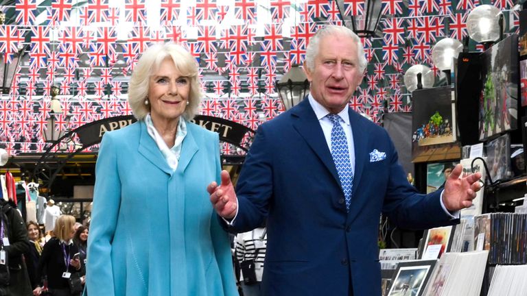 King Charles III and Queen Camilla in the Covent Garden Apple Market to meet members of the local community and traders as they visit Covent Garden, London. Picture date: Wednesday May 17, 2023. PA Photo. See PA story ROYAL King. Photo credit should read: Daniel Leal/PA Wire