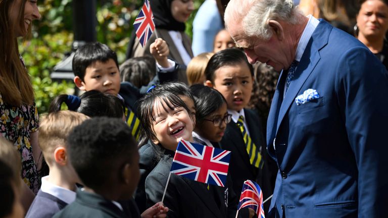 King Charles III meeting children outside St Paul&#39;s Church, known as the Actors&#39; Church, to mark its 390th anniversary as the King and Queen Camilla visit Covent Garden, London. Picture date: Wednesday May 17, 2023. PA Photo. See PA story ROYAL King. Photo credit should read: Daniel Leal/PA Wire