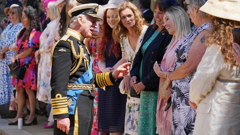 King Charles talks to relatives after presenting the Royal Victorian Order to members of the Royal Navy for their part in Queen Elizabeth II&#39;s funeral procession, on the Quadrangle at Windsor Castle. Picture date: Tuesday May 30, 2023. PA Photo. See PA story ROYAL Navy. Photo credit should read: Jonathan Brady/PA Wire
