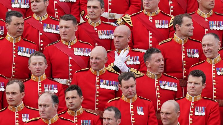 Household Division Officers and Senior Non-Commissioned Officers, who will be taking part in the Coronation, gather at Wellington Barracks, London, for a formal photograph with the Princess Royal. Picture date: Wednesday May 3, 2023.