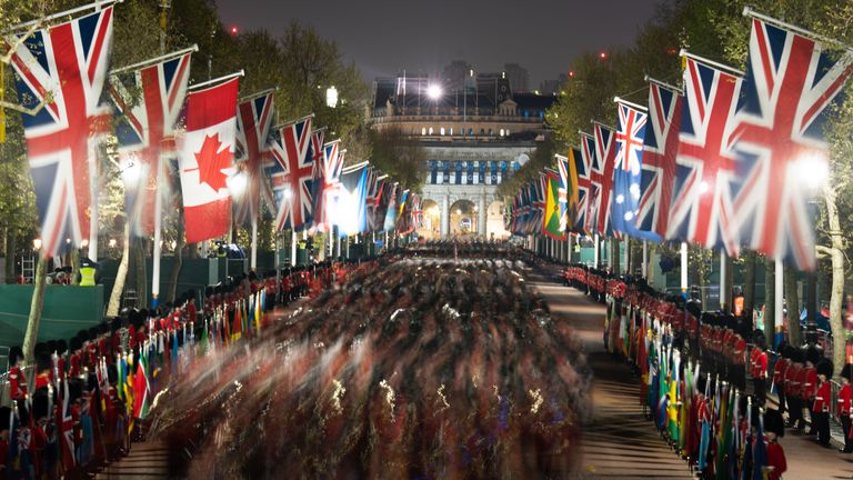 A night time rehearsal in central London for the coronation of King Charles III, which will take place this weekend. Picture date: Wednesday May 3, 2023.