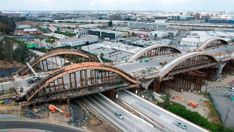 An aerial view of construction of the Sixth Street Viaduct bridge, Sunday, May 2, 2021, in Los Angeles. (Kirby Lee via AP)


