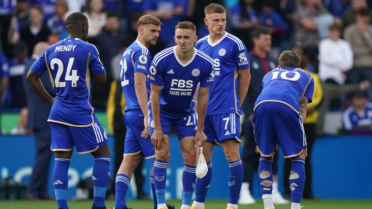 Leicester City players wait to find out the results at other matches after the Premier League match at King Power Stadium, Leicester. Picture date: Sunday May 28, 2023.