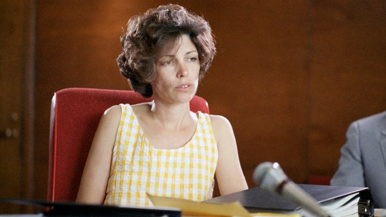 Leslie Van Houten, a Charles Manson follower, sits in court during her parole hearing at the California Institution for Women at Frontera in 1986
Pic:AP