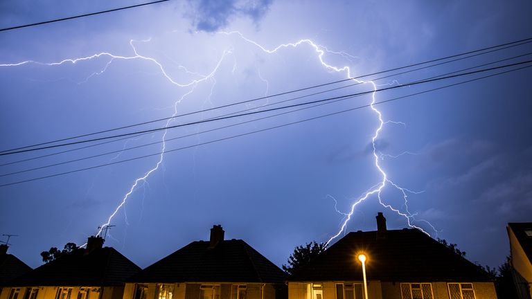 Lightning Storm in the Night Sky Above Residential Houses in Essex, UK.

