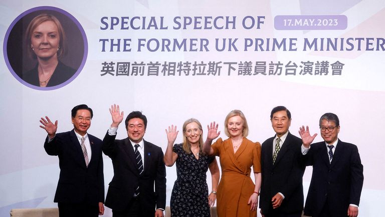 Former British Prime Minister Liz Truss poses for a group photo during an event in Taipei, Taiwan May 17, 2023. REUTERS/Ann Wang