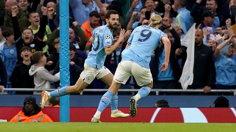 Manchester City&#39;s Bernardo Silva celebrates scoring his side&#39;s second goal during the UEFA Champions League semi-final second-leg match against Real Madrid