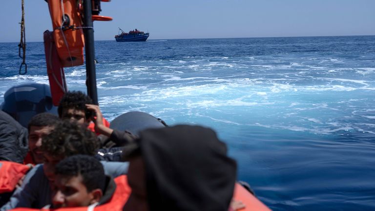 A Rip by MSF is heading back to the GeoBarents with migrants on board they just rescued from an overfilled fishing vessel, adrift at the Mediterranean. 