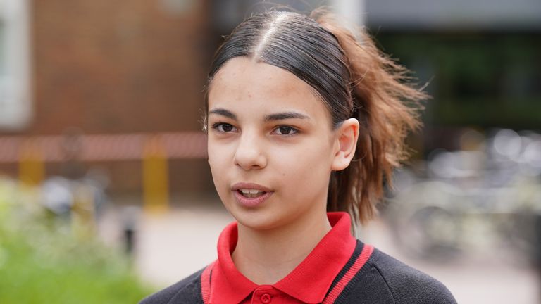 Melek Ozden, 13, daughter of Yagmur Ozden, 33, speaking to the media outside Isleworth Crown Court, London, after Rida Kazem, 23, was jailed for a total of seven-and-a-half years for causing the death by dangerous driving of Yagmur Ozden, when he ploughed his Range Rover through a Tesla dealership and ended up on a west London railway track in August last year. Picture date: Wednesday May 17, 2023.

