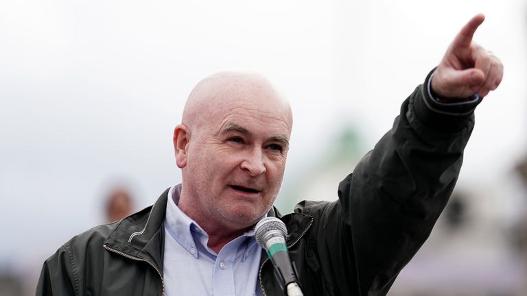 General secretary of the Rail, Maritime and Transport union (RMT) Mick Lynch addresses NHS workers after they marched from St Trafalgar Square 