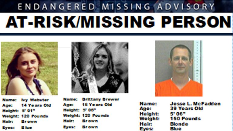 A missing poster shows Ivy Webster, 14, (L) Brittany Brewer, 16, and Jesse McFadden