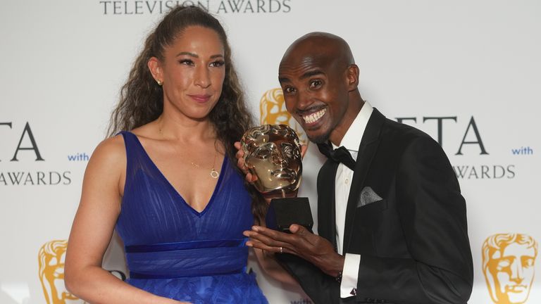 Sir Mo Farah and his partner Tania, with the award for Single Documentary, for The Real Mo Farah, at the Bafta Television Awards 2023 at the Royal Festival Hall, London. Picture date: Sunday May 14, 2023.