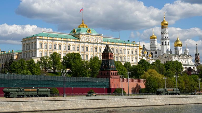 Russian RS-24 Yars ballistic missiles move on the embankment along the Kremlin wall after the Victory Day military parade in Moscow, Russia, Tuesday, May 9, 2023, marking the 78th anniversary of the end of the Second World War.  (AP Photo/Alexander Zemlianichenko)