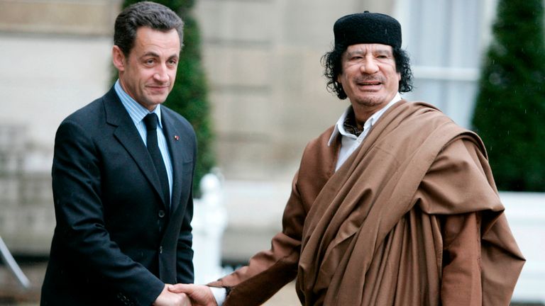 Sarkozy pictured with the late former Libyan leader, Muammar Gadhafi in 2007 File Pic: AP 