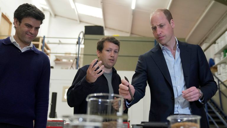 The Prince of Wales talks to  co-founders Rodrigo Garcia Gonzalez (left) and Pierre Paslier during a visit to Earthshot Prize winner and sustainable packaging start-up, Notpla                                                                                                                                                                                                                                                                                    