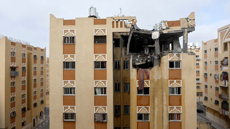 A damaged building, where Islamic Jihad commander Ali Ghali was killed in an Israeli strike, is seen in Khan Younis in the southern Gaza Strip May 11, 2023. REUTERS/Ibraheem Abu Mustafa
