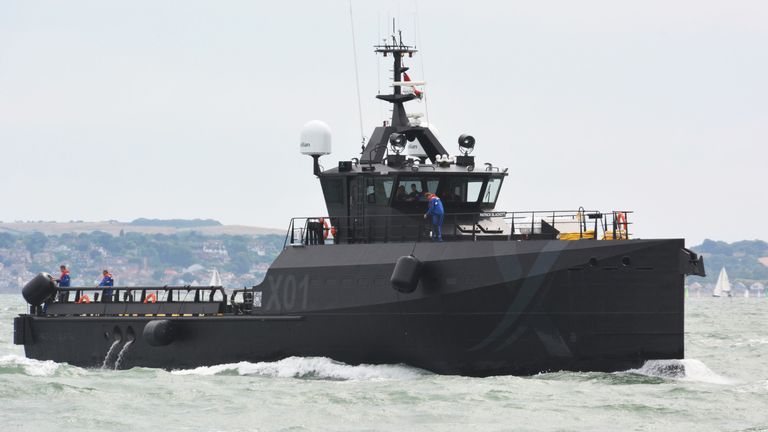XV (experimental vessel) Patrick Blackett arrived at Portsmouth Naval Base on Wednesday. The 42m vessel is a converted Dutch built Damen 4008 fast crew supply vessel, painted matte black with X01 insignia on the side. NavyX, the Navy's innovation specialist, will use the 270-ton vessel to test new state-of-the-art technology systems without taking up a single smaller warship in the fleet. Image date: Wednesday 27 July 2022.