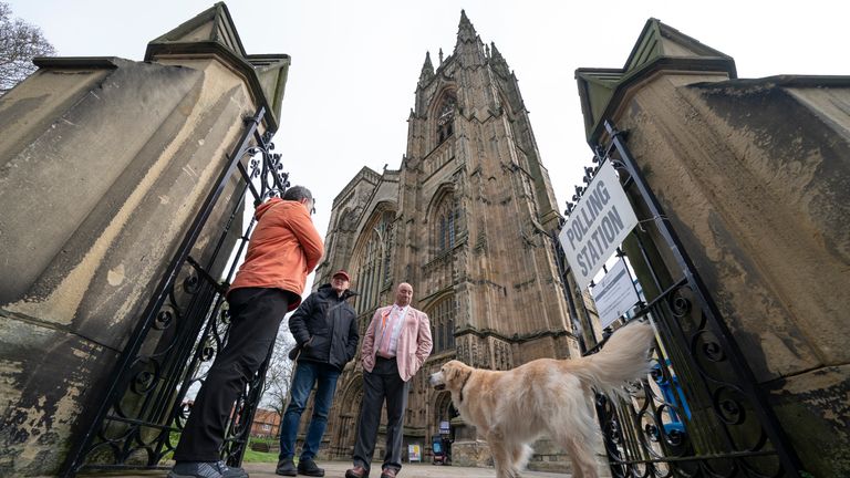 People outside the polling station in Bridlington Priory Church, Yorkshire. 