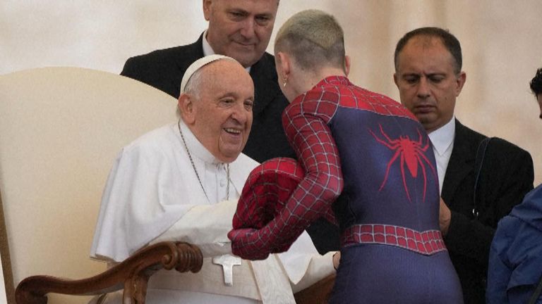Spiderman was among those in line to greet Pope Francis at the end of his weekly audience in St. Peter&#39;s Square.