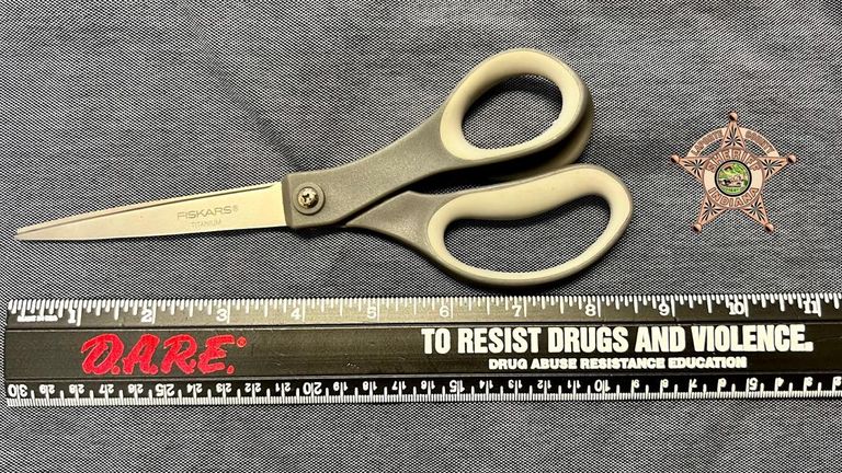 A pair of scissors that was found in the &#39;anal cavity&#39; of a man at La Porte County Jail in Indiana, USA. May 2023 Source: La Porte County Sheriff&#39;s Office official Facebook page