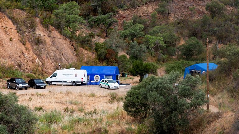 Vehicles and tents of Portugal&#39;s investigative Judicial Police are seen at the site of a remote reservoir where a new search for the body of Madeleine McCann is set to take place, in Silves, Portugal, in this screen grab from a video, May 22, 2023. REUTERS/Luis Ferreira
