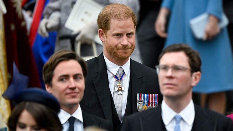 Britain's Prince Harry, Duke of Sussex, leaves Westminster Abbey following the coronation ceremony of Britain's King Charles and Queen Camilla, in London, Britain May 6, 2023. REUTERS/Toby Melville/Pool
