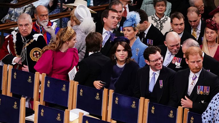 (LR) Prince Andrew, Princess Beatrice, Peter Phillips, Edoardo Mapelli Mozzi, Zara Tindall, Princess Eugenie, Jack Brooksbank, Mike Tindall and Prince Harry