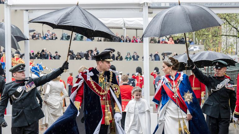 The Prince and Princess of Wales leave after the coronation ceremony of King Charles III and Queen Consort in London, Saturday, May 6, 2023. (Andy Stenning/Pool photo via AP)