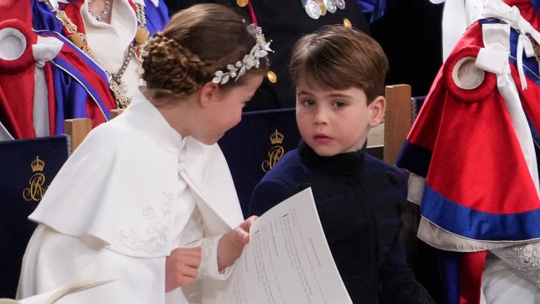 (left to right 1st row) the Prince of Wales, Princess Charlotte, Prince Louis, the Princess of Wales and the Duke of Edinburgh at the coronation ceremony of King Charles III and Queen Camilla in Westminster Abbey, London. Picture date: Saturday May 6, 2023. Yui Mok/Pool via REUTERS
