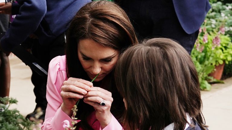 The Princess of Wales with a pupil, after taking part in the first Children&#39;s Picnic at the RHS Chelsea Flower Show, at the Royal Hospital Chelsea