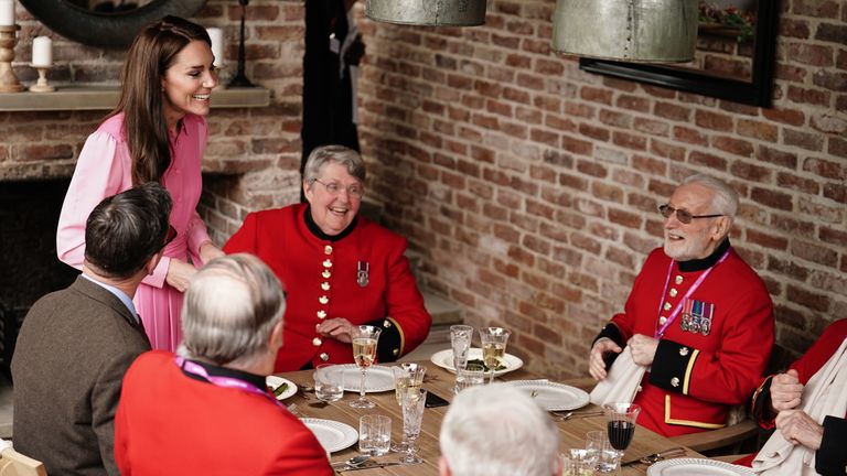 The Princess of Wales speaks to the Chelsea Pensioners, after taking part in the first Children&#39;s Picnic at the RHS Chelsea Flower Show, at the Royal Hospital Chelsea, London. Picture date: Monday May 22, 2023.
