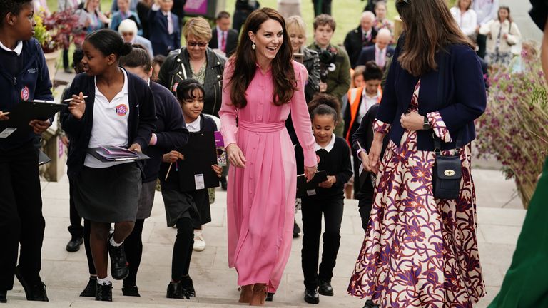 The Princess of Wales with pupils from schools, after taking part in the first Children&#39;s Picnic at the RHS Chelsea Flower Show, at the Royal Hospital Chelsea, London. Picture date: Monday May 22, 2023.
