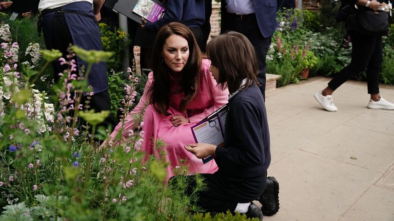 The Princess of Wales with a pupil, after taking part in the first Children&#39;s Picnic at the RHS Chelsea Flower Show, at the Royal Hospital Chelsea, London. Picture date: Monday May 22, 2023.
