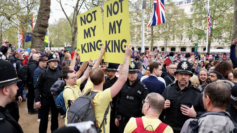Protesters are led away by police on The Mall, shortly before the procession of the coronation of Britain&#39;s King Charles and Queen Camilla, in London, Britain May 6, 2023. REUTERS/Kevin Coombs
