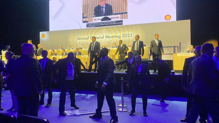 Security after protesters tried to storm the stage at the Excel centre in east London during oil giant Shell&#39;s annual general meeting.  Picture date: Tuesday May 23, 2023. PA Photo. See PA story CITY Shell. Photo credit should read: Rebecca Speare-Cole/PA Wire 