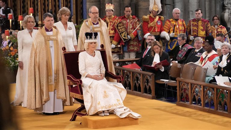Queen Camilla is crowned with Queen Mary&#39;s Crown during her coronation ceremony at Westminster Abbey, London. Picture date: Saturday May 6, 2023. PA Photo. See PA story ROYAL Coronation. Photo credit should read: Jonathan Brady/PA Wire
