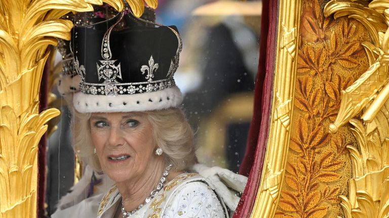 Queen Camilla leave Westminster Abbey 